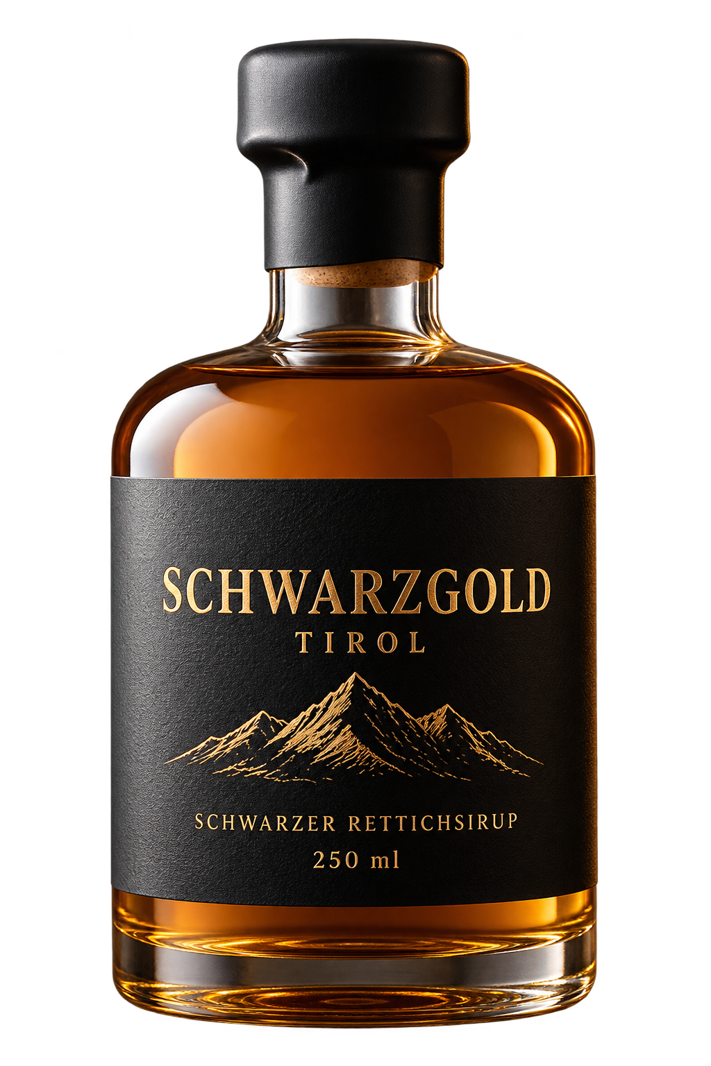Entwurfsvisualisierung der Schwarzgold-Flasche mit schwarzem Etikett und goldenem Sirup